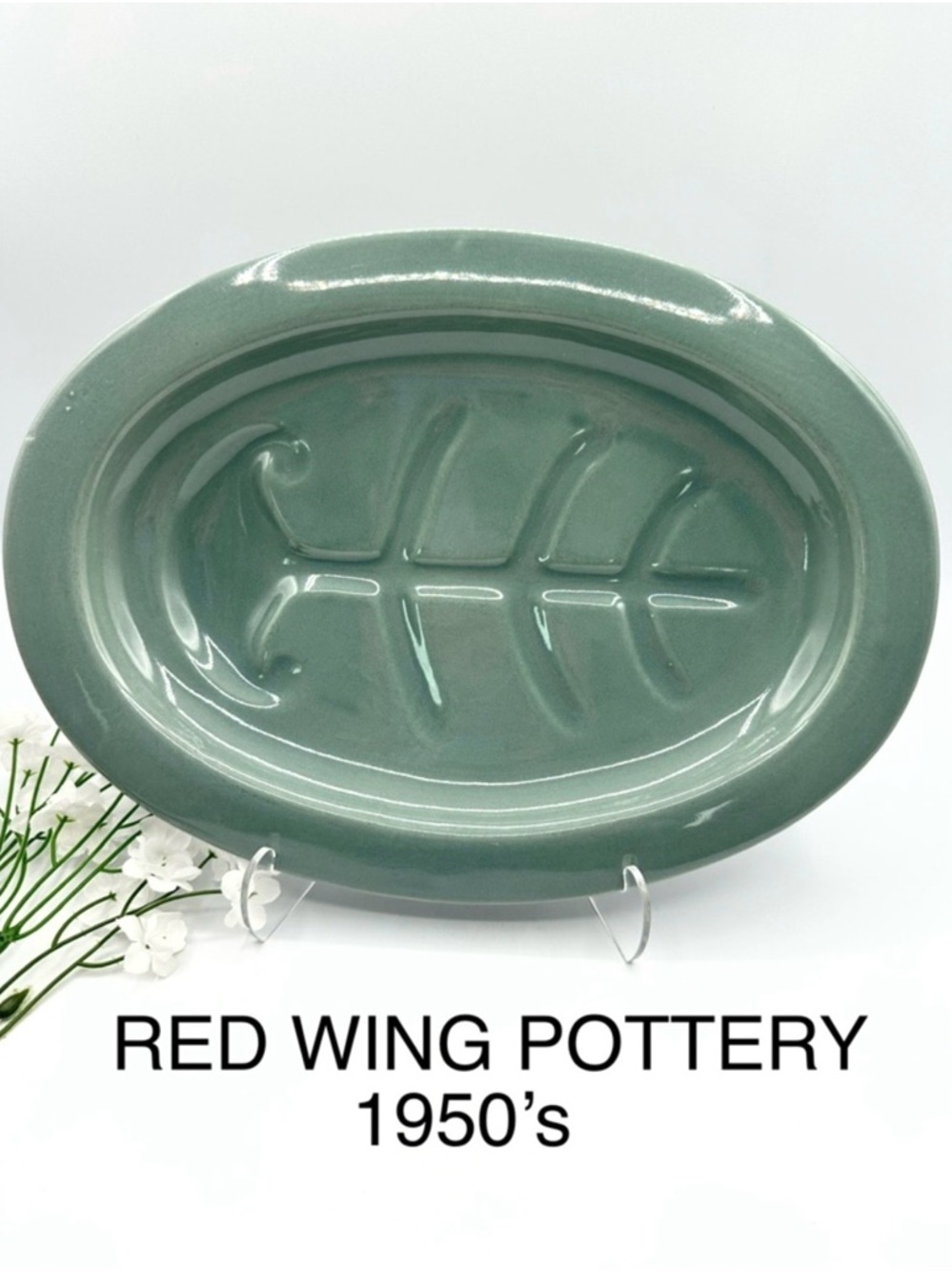 Red Wing Pottery in Village Green Oval Meat Platter. Vintage 1950s